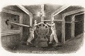 Dans une case à forage, chambre souterraine située à l’extrémité d'une galerie de contre-mine, des mineurs exécutent un forage en direction d'une attaque ennemie au moyen d'un appareil à tubes et à vérin Bussière. Ils y placeront ensuite une charge explosive pour faire jouer un camouflet à proximité du rameau ennemi. Exercice de guerre souterraine du 3e Régiment du Génie à Arras (France, 1876). Lithographie : sapeur Pélisson. 1876 
 Arras 
 Génie 
 guerre 
 mines 
 sapeur 
 souterrain 