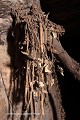 Dans la grotte, le fétiche est appuyé contre une paroi ; des crânes, des cornes et des mandibules sont accrochés aux cordes et des plumes sont collées sur la roche par le sang des sacrifices (Tanéka-Koko, Donga, Bénin). Afrique de l'Ouest 
 Bénin 
 Dahomey 
 Donga 
 Tanéka Koko 
 fétiche 
 grotte 
 rite 
 rituel 
 sacré 
 souterrain 